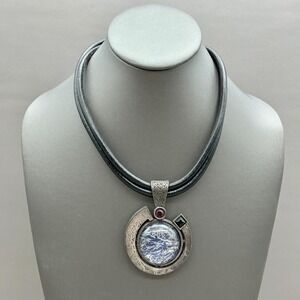 Chico's Necklace Black Double Cord Silver Tone Blue Art Glass Statement Pendant